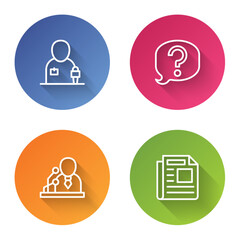 Set line Journalist news, Speech bubble chat, Breaking and News. Color circle button. Vector