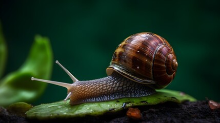 Snail Crawling at a Snail's Pace on Green Background