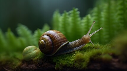 Snail Crawling at a Snail's Pace on Green Background