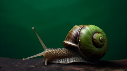 Snail Crawling at a Snail's Pace on Green Background