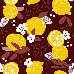 Lemon seamless pattern in vintage style. Hand drawn summer design