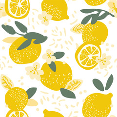 Vector summer pattern with lemons, flowers and leaves on white background.