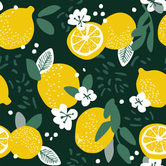 Fresh lemons with bloom background. Hand drawn backdrop. Colorful wallpaper. Seamless pattern with citrus fruits collection. Decorative illustration, good for printing