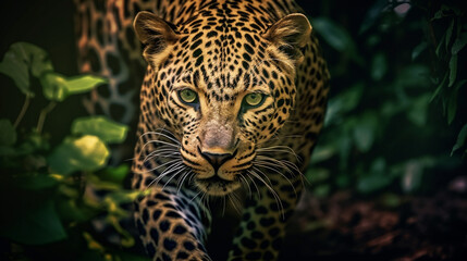 A leopard in the wild is looking at the camera