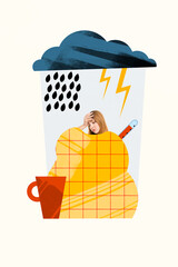 Fototapeta Vertical collage picture of unsatisfied sick girl painted blanket thermometer thunder storm cloud rain big tea cup isolated on creative background obraz