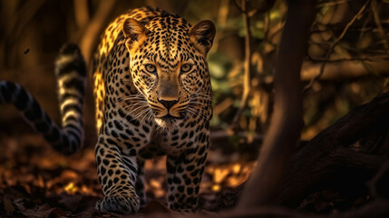 A leopard in the wild is looking at the camera