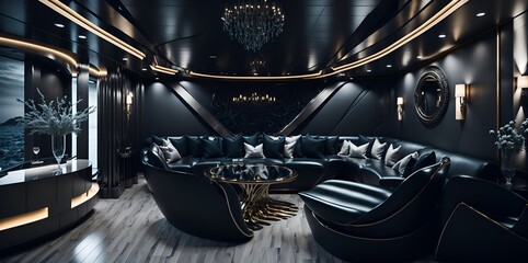 Fototapeta na wymiar Photo of a modern living room with a sleek black couch and a stylish round table