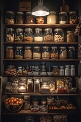 Fototapeta na wymiar a kitchen pantry, organised and filled with lots of delicious and healthy food. generative ai