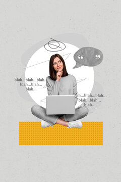 Collage of thoughtful smart woman use netbook touch chin curious idea phrase quote plasticine cloud bla blah isolated on grey background