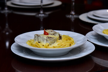 pasta with cheese, fetuttine pasta with steak and cheese, french style, fetuttine , filet mignon,...