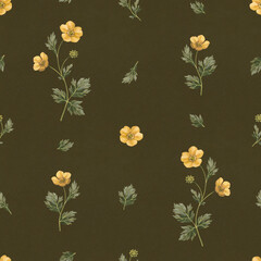Hand painted illustrations of buttercup flowers. Seamless pattern design. Cottegecore print. Perfect for fabrics, wallpapers, apparel, home textile, packaging design, stationery and other goods - 602602466