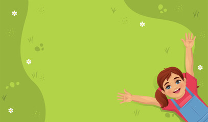 Smiling cute girl lying on grass. Summer happy children day background isolated vector illustration