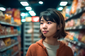 Fototapeta na wymiar Against the dimly lit background of a supermarket department store, an Asian girl stands before a shelf, browsing the items available. generative AI