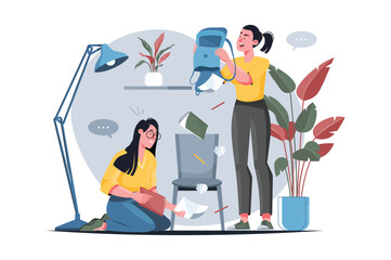 Bulling yellow concept with people scene in the flat cartoon design. Woman angry bullies a girl and spoils her own things. Vector illustration.