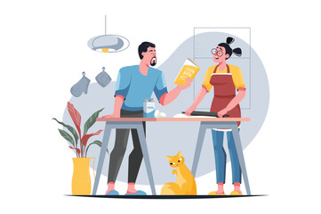 Cooking at home yellow concept with people scene in the flat cartoon design. Young couple decided to cook a new dish together. Vector illustration.