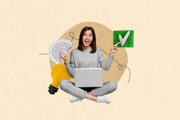 Creative illustration collage photo of successful ecstatic satisfied girl sit with laptop hold...
