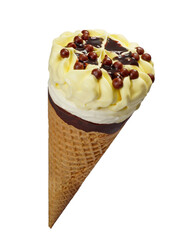 Vanilla ice cream cone with chocolate topping and chocolate decoration, creamy snack side view studio shot isolated on white background