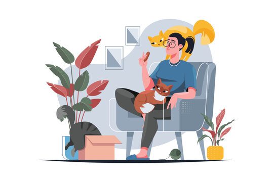Yellow concept Funny situation in life pets with people scene in the flat cartoon design. Woman spends a free time with her cats, Vector illustration.