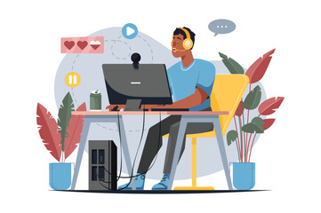 Streamer yellow concept with people scene in the flat cartoon design. A blogger records a stream for his followers. Vector illustration.