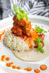 rice chicken meat tomato sauce second course healthy meal food snack on the table copy space food background rustic top view