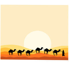 Fototapeta na wymiar Camel caravan through desert vector illustration, Islamic background