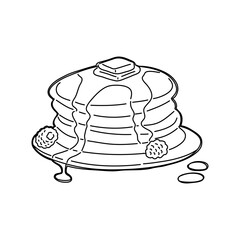 Pancakes with maple syrup and a slice of butter and raspberries. Vector.