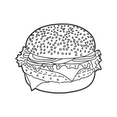 Hamburger. Hand drawn meat burger vector illustration.