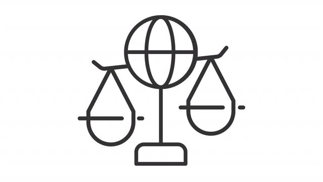 Human right icon animation. Animated line balancing justice scale with globe sign. International community. Legal rule. Loop HD video with alpha channel, transparent background. Outline motion graphic
