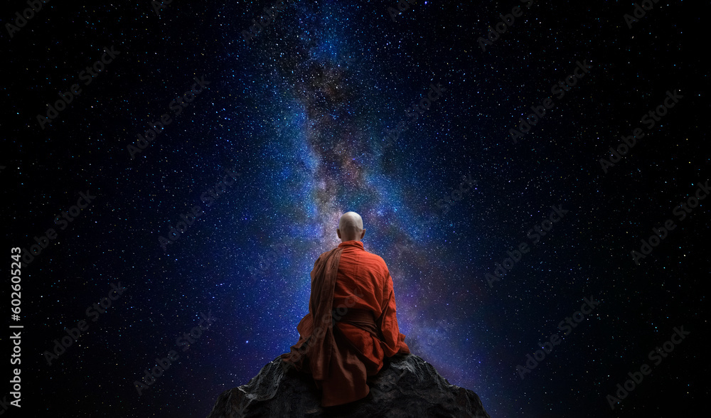 Wall mural buddhist monk looking at the universe. ai generative