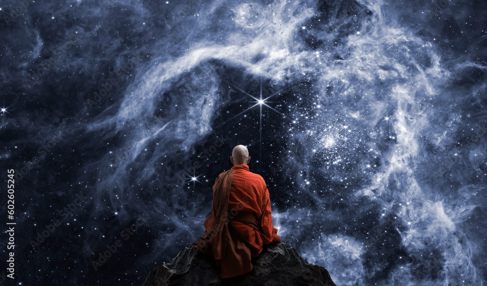 Wall mural buddhist monk looking at the universe. ai generative