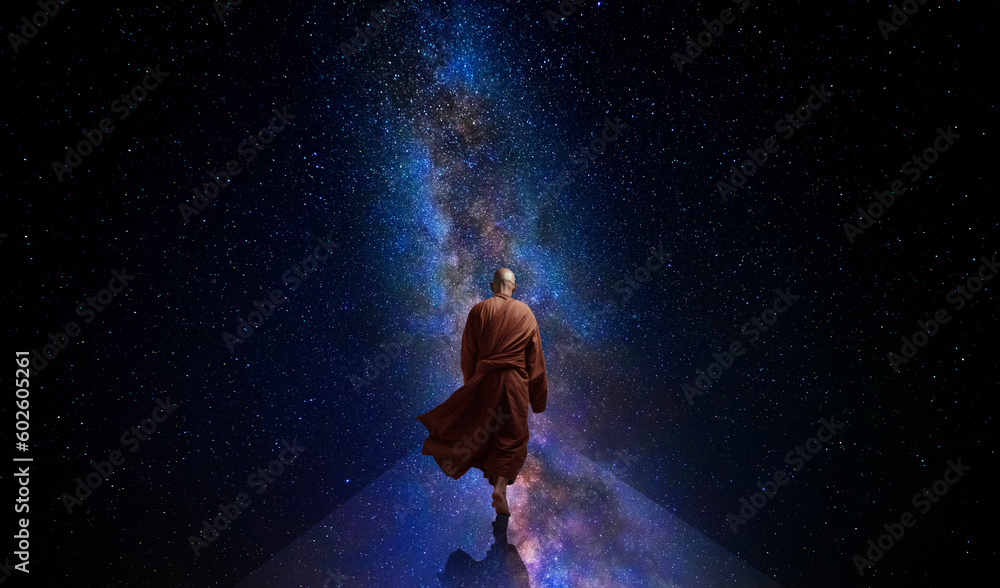 Wall mural buddhist monk looking at the universe. ai generative