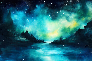 Fototapeta na wymiar Watercolor illustration of a night sky with stars and nebula. Ai Generative.