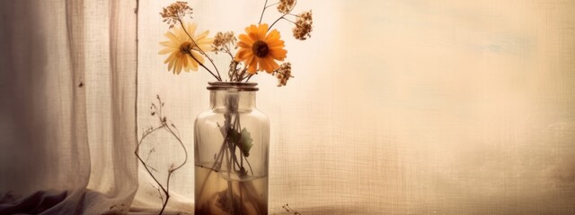 A banner featuring a single dried flower in a vintage bottle or vase, with a soft, faded filter that adds a sense of nostalgia and romance. Generative AI