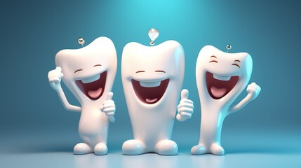 3D realistic happy white tooth character. Tooth cartoon with thumbs up on bright background. Cleaning and whitening teeth concept. Oral health and dental inspection teeth. Generate Ai