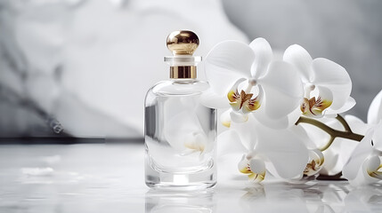 Luxury perfume glass bottle with orchid flower petals on marble, cinematic smoke realistic minimalist white light background generative ai
