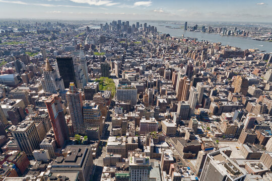 A view of Manhattan from the height of the Empire State Building on a fine sunny morning. This view was taken before the construction of the new World Trade Center buildings in New York.