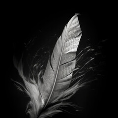 feather on black background, writing poetry literature - by generative ai - obrazy, fototapety, plakaty
