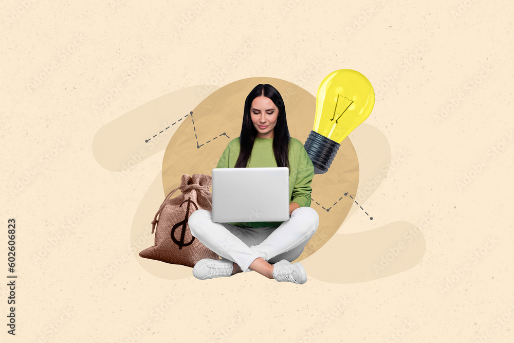 Aufkleber collage illustration of young woman browsing netbook lightbulb creative idea stock graphic analytics