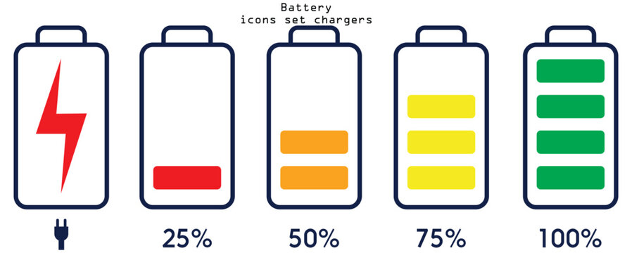 Battery charge level. Battery charging. Set of battery charge level indicators. Vector. Illustration.