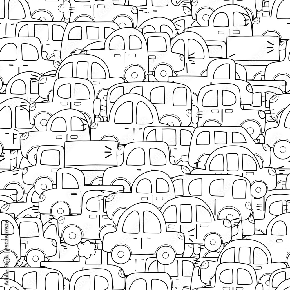 Wall mural doodle cars black and white seamless pattern. hand drawn background with vehicles background for col