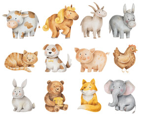Cute farm and wild animals. Watercolor hand-drawn set of different animals isolated on white background. Children illustrations