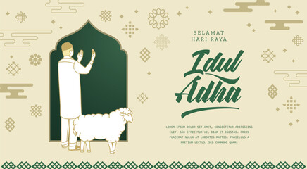 Selamat Idul Adha.Translation: Happy Eid Al Adha Mubarak. Eid al-Adha Greeting with typography and illustration. vector illustration.