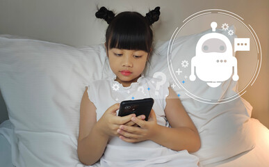 Asian child holding smart phone connected to chat with AI chatbot
