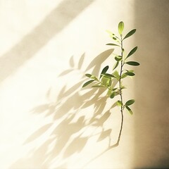 Green tree and shadow on a wall background. Olive color stylish flat lay with trendy shadow and sun light,Generative, AI, Illustration.
