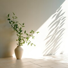 Background texture,Tree in a vase with sunlight and trendy shadow on wall,Generative, AI, Illustration.