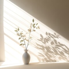Fresh summer interior with green leaves in glass vase in sun light with shadow on wall,Modern interior design concept,Generative, AI, Illustration.