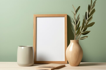 Minimal mockup style image of a blank vertical frame and plant in a vase on a table with a sage green wall background, generative ai