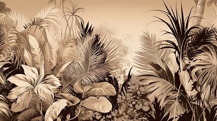 Tropical Serenity: Sepia-Toned Paradise with Coconut Trees and Palm Leaves. Generative AI