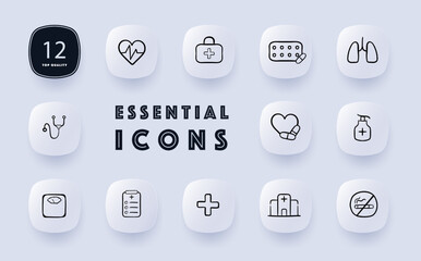 Medicine icon set. Healthcare, medical professionals, patient care, diagnosis, treatment. Health. Neomorphism style. Vector line icon for Business and Advertising