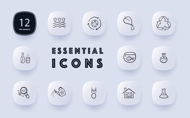 Eco-friendly products icon set. Sustainable packaging, organic ingredients, environmentally conscious. Eco. Neomorphism style. Vector line icon for Business and Advertising